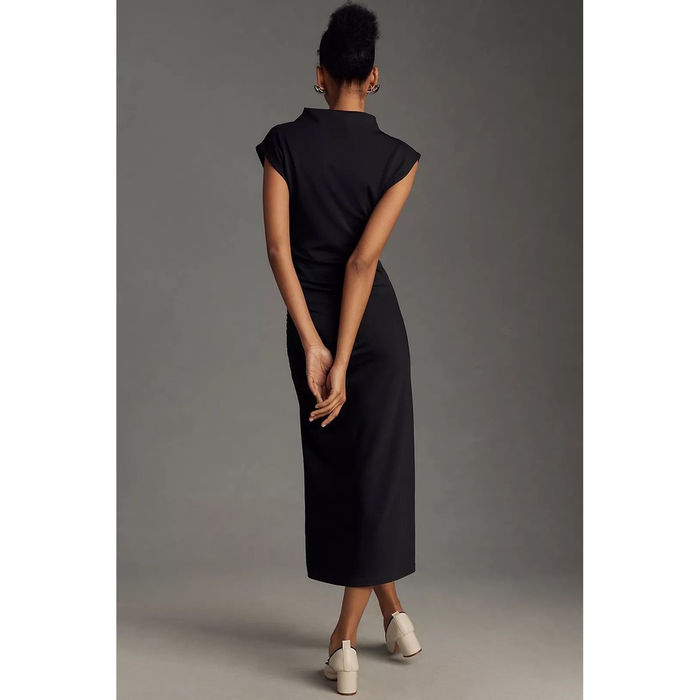 Anthropologie The Maya Ruched Cowl Neck Dress Womens M Black Midi Slit - Picture 3 of 11